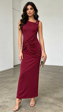 Gloria Blue Ruched Maxi Dress with Metal Buckles