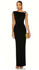 Gloria Blue Ruched Maxi Dress with Metal Buckles