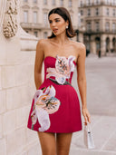 Bianca Fuchsia Strapless Lily Appliqué Flared Mini Dress