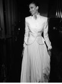 Isabella White Embroidered Stand Collar Peplum Blazer & Pleated Maxi Skirt Set