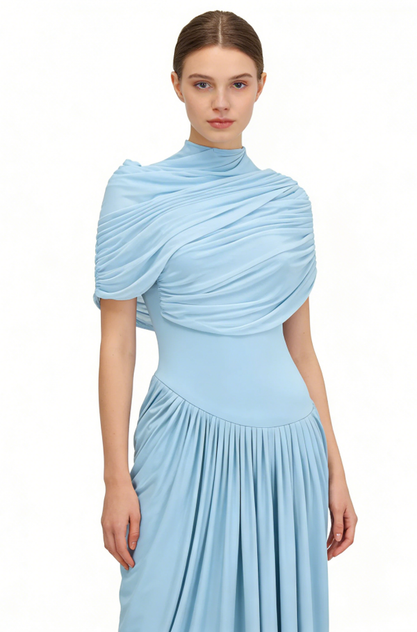 Liora Asymmetric Pleated Chiffon Maxi Dress in Baby Blue