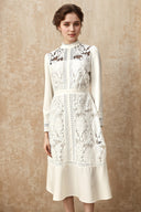 Agnès White Paneled Embroidered Lace Midi Dress - Aura Muse