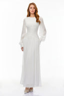 Allegra White High Neck Glossy Ruched Maxi Dress - Aura Muse