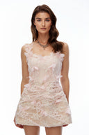 Althea Pink Lace Mini Dress with 3D Florals - Aura Muse
