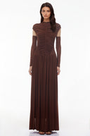 Amandine Brown Mock Neck Ruched Maxi Dress - Aura Muse