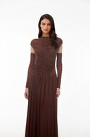 Amandine Brown Mock Neck Ruched Maxi Dress - Aura Muse