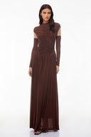 Amandine Brown Mock Neck Ruched Maxi Dress - Aura Muse