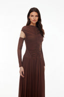 Amandine Brown Mock Neck Ruched Maxi Dress - Aura Muse