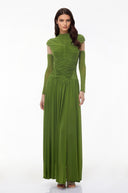 Amandine Green Mock Neck Ruched Maxi Dress - Aura Muse