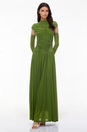 Amandine Green Mock Neck Ruched Maxi Dress - Aura Muse