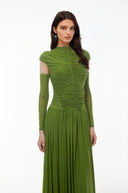 Amandine Green Mock Neck Ruched Maxi Dress - Aura Muse