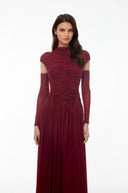 Amandine Red Mock Neck Ruched Maxi Dress - Aura Muse