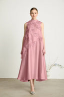 Amélie 3D Floral Appliqué Trapeze Midi Dress in Pink - Aura Muse
