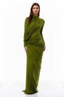 Anastasiya Green Asymmetrical Ruched Maxi Dress - Aura Muse
