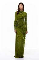 Anastasiya Green Asymmetrical Ruched Maxi Dress - Aura Muse