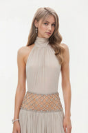 Angélique Almond Grey Embellished Ruched Maxi Dress - Aura Muse