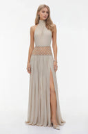 Angélique Almond Grey Embellished Ruched Maxi Dress - Aura Muse