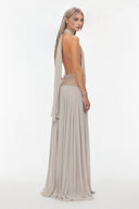 Angélique Almond Grey Embellished Ruched Maxi Dress - Aura Muse