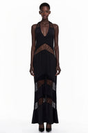 Aosta Black Halterneck Maxi Dress with Lace Panels - Aura Muse