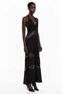 Aosta Black Halterneck Maxi Dress with Lace Panels - Aura Muse