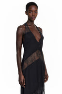 Aosta Black Halterneck Maxi Dress with Lace Panels - Aura Muse