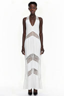Aosta White Halterneck Maxi Dress with Lace Panels - Aura Muse
