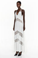 Aosta White Halterneck Maxi Dress with Lace Panels - Aura Muse