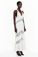 Aosta White Halterneck Maxi Dress with Lace Panels - Aura Muse
