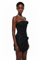 Appolonia Black Off Shoulder Mini Dress with 3D Petals - Aura Muse