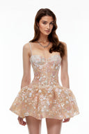 Aquilina Nude Floral Embroidered Sequin Mini Dress - Aura Muse