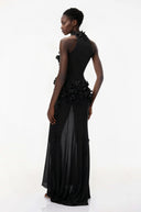 Ariadne Black Halterneck Maxi Dress with 3D Florals - Aura Muse