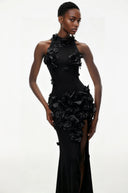 Ariadne Black Halterneck Maxi Dress with 3D Florals - Aura Muse