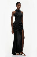 Ariadne Black Halterneck Maxi Dress with 3D Florals - Aura Muse