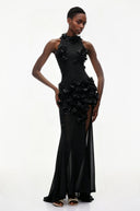 Ariadne Black Halterneck Maxi Dress with 3D Florals - Aura Muse