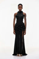 Ariadne Black Halterneck Maxi Dress with 3D Florals - Aura Muse