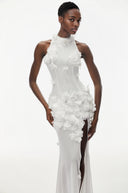 Ariadne White Halterneck Maxi Dress with 3D Florals - Aura Muse