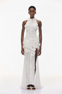 Ariadne White Halterneck Maxi Dress with 3D Florals - Aura Muse