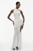 Ariadne White Halterneck Maxi Dress with 3D Florals - Aura Muse