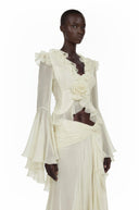 Astoria White Floral Applique Crop Top & Draped Skirt Set - Aura Muse