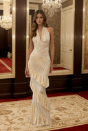 Auréline Cream White Halterneck Shirred Maxi Dress - Aura Muse