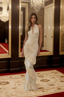 Auréline Cream White Halterneck Shirred Maxi Dress - Aura Muse
