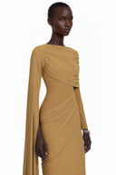 Avril Khaki Long Sleeve Draped Maxi Dress with Cape - Aura Muse