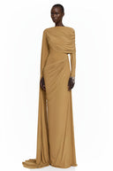 Avril Khaki Long Sleeve Draped Maxi Dress with Cape - Aura Muse