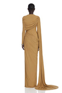 Avril Khaki Long Sleeve Draped Maxi Dress with Cape - Aura Muse