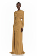 Avril Khaki Long Sleeve Draped Maxi Dress with Cape - Aura Muse