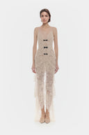 Bardot Cream Layered Floral Lace Maxi Dress with Bow - Aura Muse
