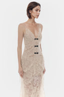 Bardot Cream Layered Floral Lace Maxi Dress with Bow - Aura Muse