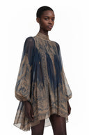 Berta Blue Baroque Print High Neck Mini Dress - Aura Muse