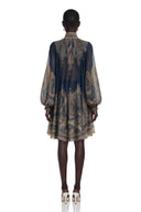 Berta Blue Baroque Print High Neck Mini Dress - Aura Muse