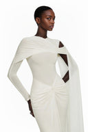 Bianca White Asymmetrical Maxi Dress with Cape Sleeves - Aura Muse